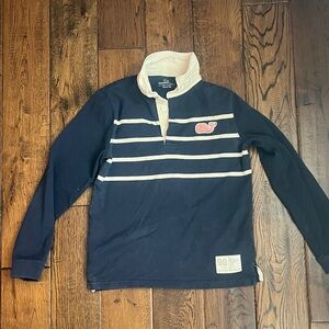 Vineyard Vines Navy and Cream Striped Whale Rugby